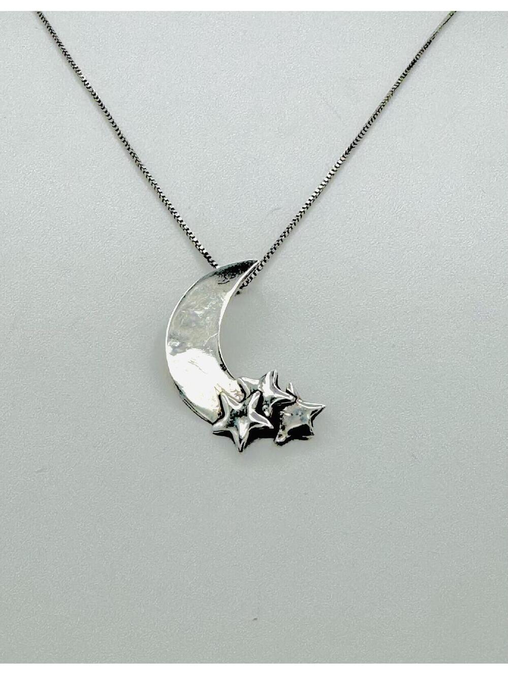 Taxco sterling silver crescent moon with 3 stars at bottom pendant necklace